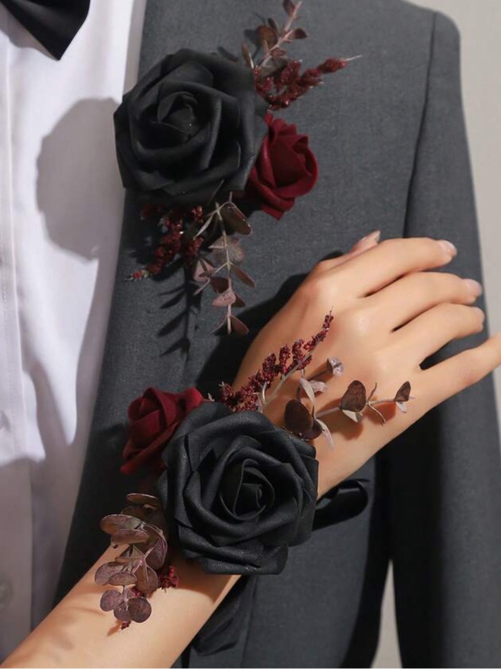 Black and Burgundy Rose Corsage and Boutonniere Set - Women Jewelry